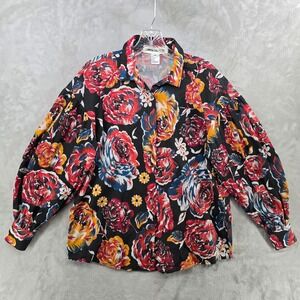 Caron Callahan Womens XS Button Down Shirt Black Floral Puff Sleeve Cotton Top